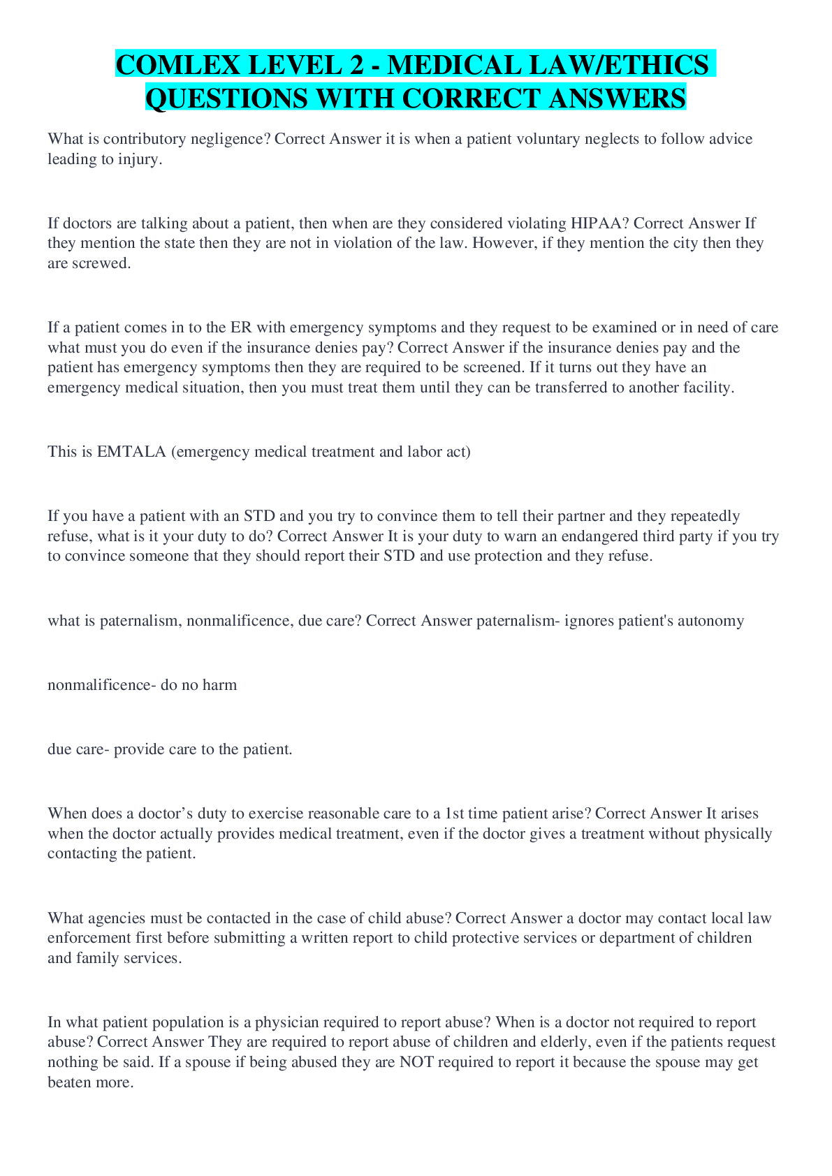 Preview image for COMLEX LEVEL 2 - MEDICAL LAW/ETHICS QUESTIONS WITH CORRECT ANSWERS